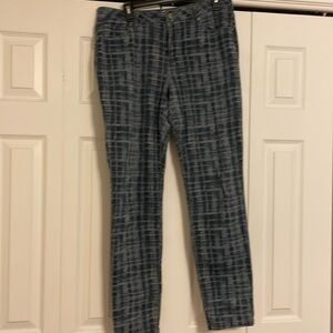 Cabi jeans with multiple blues in box pattern.